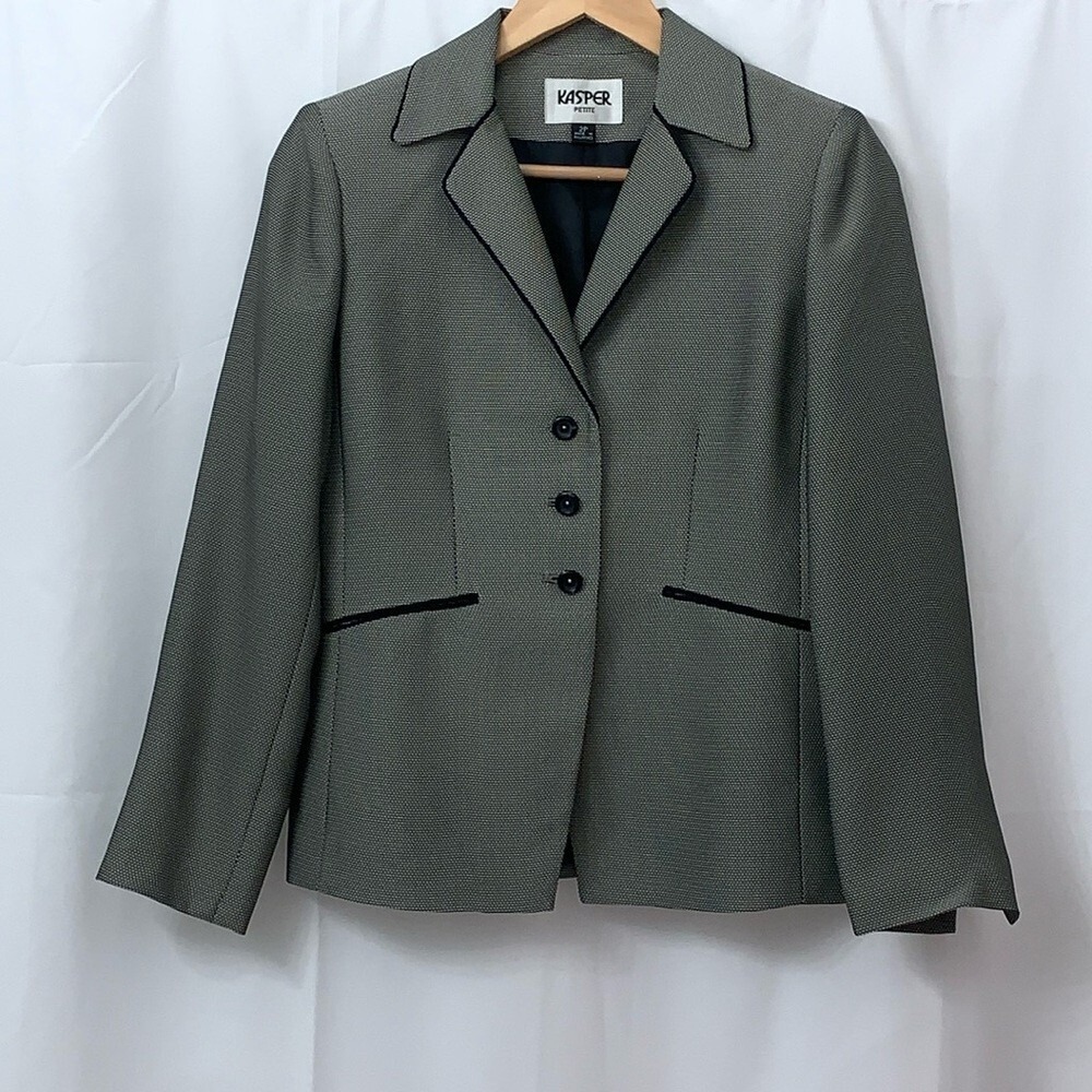 Kasper Petite Blazer Womens 2P Green Black Micro Pattern Trimmed Suit Jacket